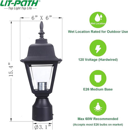 LIT-PaTH Outdoor Post Lighting Fixture Pole Lantern, E26 Medium Base Max 60W, Aluminum Housing Plus Clear Glass, Bulb Not Included, Matte Black Finish, 1-Pack