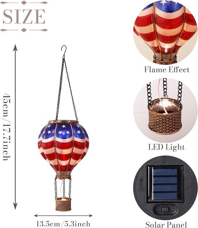 TERESA'S COLLECTIONS Hot Air Balloon Solar Lantern for Patriotic Garden Decor, 4th of July Hanging Flickering Flame Outdoor Lights for Trees, Blue&Red Memorial Day Decorations for Party Gift for Mom