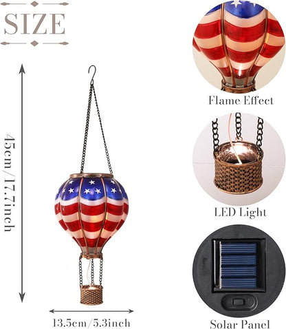 TERESA'S COLLECTIONS Hot Air Balloon Solar Lantern for Patriotic Garden Decor, 4th of July Hanging Flickering Flame Outdoor Lights for Trees, Blue&Red Memorial Day Decorations for Party Gift for Mom