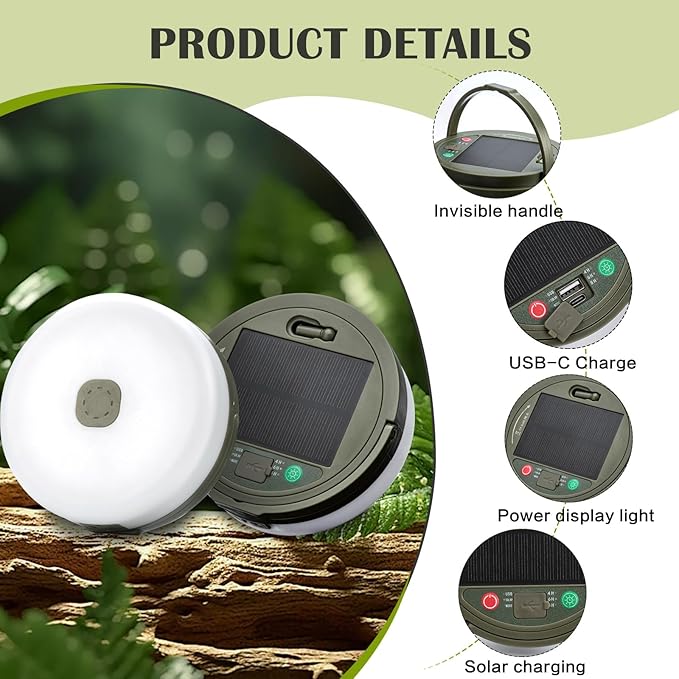 Solar Camping String Lights, 4 in 1 Outdoor Camping Lantern with 8 Lighting Modes(32.8Ft), Quick 30s Recovery, Waterproof, Type-C Fast Charging, Portable Camping Lights for Camping/Yard/Hiking