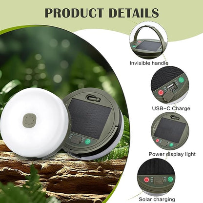 Solar Camping String Lights, 4 in 1 Outdoor Camping Lantern with 8 Lighting Modes(32.8Ft), Quick 30s Recovery, Waterproof, Type-C Fast Charging, Portable Camping Lights for Camping/Yard/Hiking