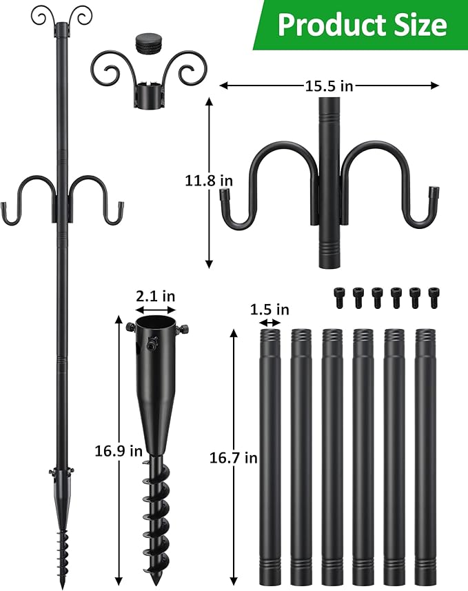 1.5 Inch Heavy Duty String Light Poles with 16.9” Spiral Ground Anchor - for Patio, Deck & Holiday Lighting, 8.5FT Adjustable Outdoor Post, Easy Screw-in Installation, Decorative Scroll Top & Hooks