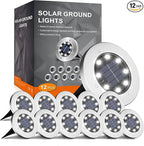 12-Pack Cold White In-Ground Solar Lights, Flat LED Garden