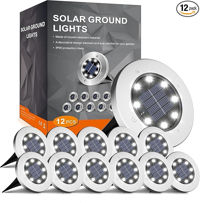 12-Pack Cold White In-Ground Solar Lights, Flat LED Garden