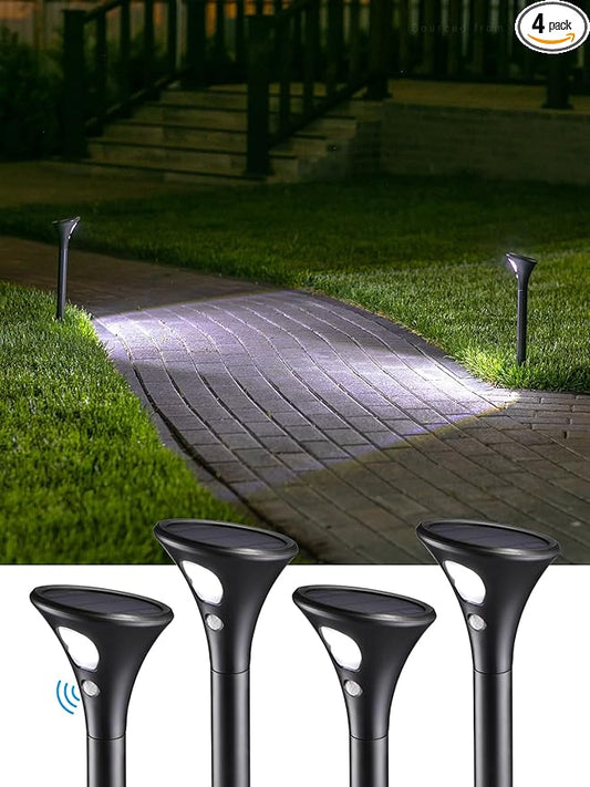 LEONLITE LED Solar Powered Motion Sensor Pathway Lights, Battery Powered Outdoor Solar Landscape Lights, Walkway Light for Yard Garden Lawn, All Night Long Lighting 6500K Pure White, Pack of 4