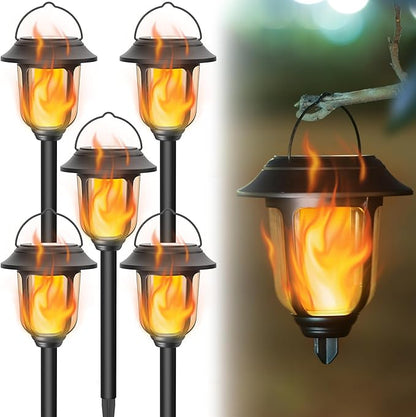 Dynaming Dual Use Solar Flame Lights Outdoor 6 Pack, Solar Flickering Flame Pathway Lights, Hanging Lantern Light, Auto On/Off & Waterproof for Garden Lawn Patio Yard Walkway Deck Driveway