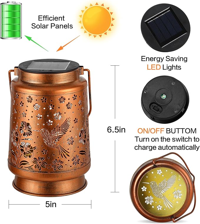 2 Pack Hummingbird Solar Lanterns Outdoor Waterproof Garden Decor Birthday Gifts for Women Mom Grandma Hanging Solar Lights Metal Lantern Decoration Outside for Porch,Patio,Yard,Backyard