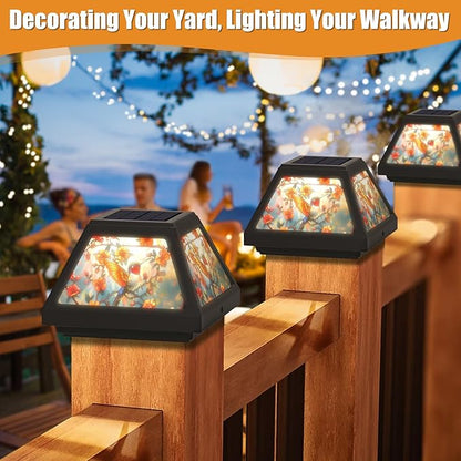 Solar Post Cap Lights - 4x4, 5x5, 6x6 Fence Post Solar Lights, Daffodils Lampshade, 15LM Bright LED, IP65 Waterproof Outdoor Post Lights for Garden, Yard, Deck, Warm White (Bird, 4)