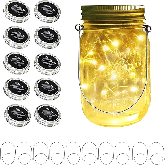 Solar Mason Jar Lights Lids, 10 Pack 30 LED Solar Fairy Lights for Regular Mouth Mason Jars, Outdoor Hanging Mason Jar Lights for Garden Yard Decor, Wedding Christmas Gifts (Jars Not Included)