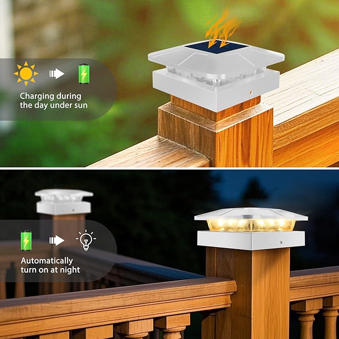 Peasur 4x4IN Solar Post Cap Lights Outdoor with 3 Modes, 4 Packs White Fence Light Solar Powered Waterproof for Wood/Vinyl Posts for Deck Yard Garden Patio Outside
