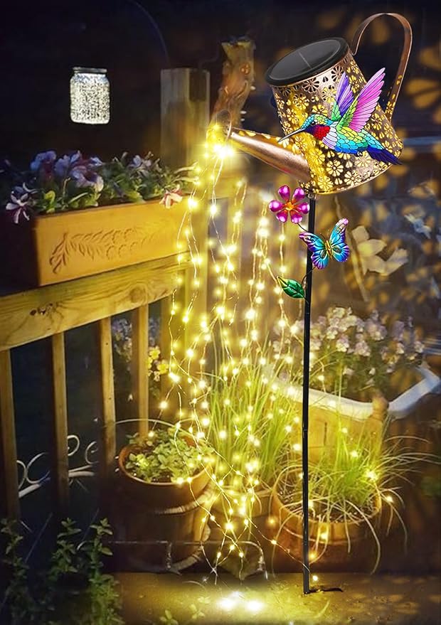 Solar Watering Can with Lights Outdoor Garden, 41in Large Hummingbird Garden Stake Lights, Waterproof Decoration for Yard Lawn Pathway, Gifts for Mom Grandma Women Birthday Gardening Gift