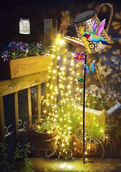 Solar Watering Can with Lights Outdoor Garden, 41in Large Hummingbird Garden Stake Lights, Waterproof Decoration for Yard Lawn Pathway, Gifts for Mom Grandma Women Birthday Gardening Gift