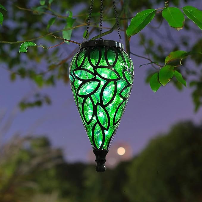 SUNNYPARK Outdoor Plastic Solar Hanging Lantern, 15 Cool White LEDs Twinkle Effect Tear-Shaped Hanging Lantern Decor Garden Decorative Solar Lights for Backyard, Patio and Lawn