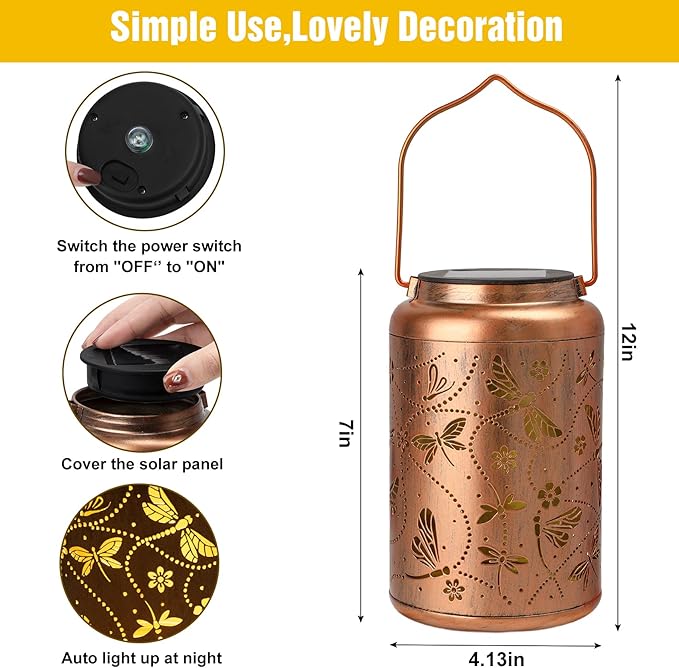 Dragonfly Solar Lanterns Outdoor Waterproof, Dragonfly Gifts for Women Mom Grandma Metal Hanging Solar Lanterns for Yard Garden Decor