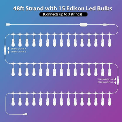 Mlambert 96Ft(2x48ft) Outdoor Patio Lights, RGB Cafe String Lights with Remote Control and 30+5 Dimmable LED Bulbs for Backyard Graden-White 2 Pack