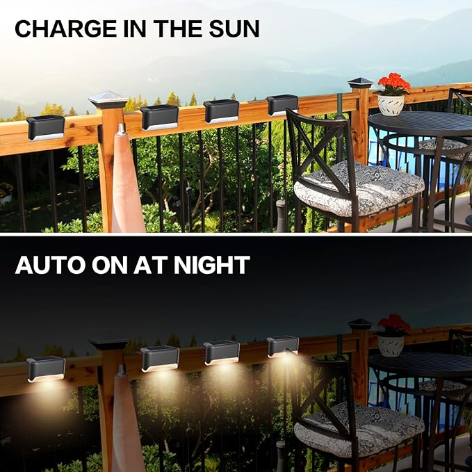 Solar Deck Lights Outdoor, 4Pcs Solar Step Lights, Waterproof LED Solar Lights for Outdoor Stairs, Step, Fence, Yard, Patio, Railing, Garden and Pathway