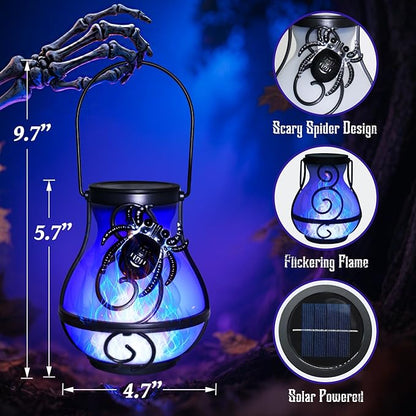 2 Pack Halloween Lights Outdoor Spider Hanging Solar Lantern Flickering Flame Lights Garden Patio Porch Halloween Party Decoration