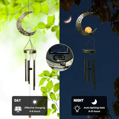 Ferrisland Solar Wind Chimes for Outside Clearance, Moon Windchimes Outdoors for Porch Patio with Crackle Glass Ball LED Light, Waterproof Metal Outdoor Hanging Decor for Women Wife Mom Grandma