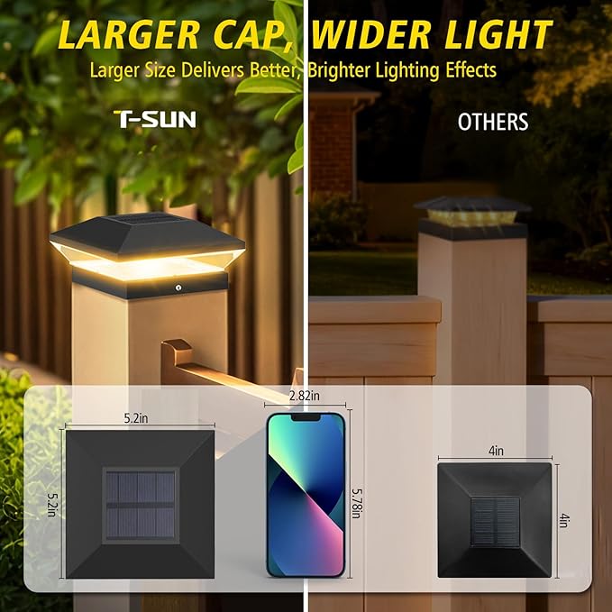 T-SUN Solar Post Cap Lights Outdoor 6 Pack, 2 Modes LED Fence Post Solar Lights Fit for 4x4 5x5 6x6 Vinyl/Wooden Posts, Waterproof Deck Post Lights Solar Powered for Garden Patio Gate Porch