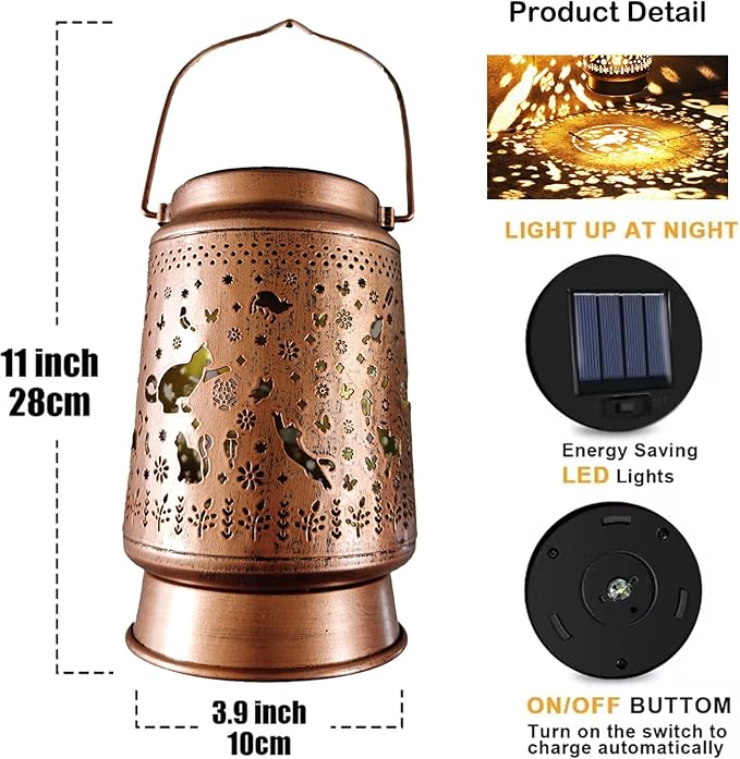 Cat Solar Lanterns Outdoor Waterproof, Garden Decor Metal High Brightness LED Light, Watering Can Lights, Solar Hanging Lantern for Garden,Yard,Patio,Lawn (Cat)
