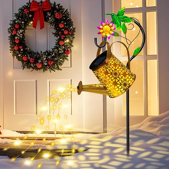 Christmas Gifts Solar Metal Watering Can with Hummingbird Shepherd Hook and Cascading Lights, Outdoor Solar Lantern for Garden, Yard, Patio Decor and Gardening Gifts for Women Mother's Day