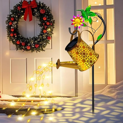 Christmas Gifts Solar Metal Watering Can with Hummingbird Shepherd Hook and Cascading Lights, Outdoor Solar Lantern for Garden, Yard, Patio Decor and Gardening Gifts for Women Mother's Day
