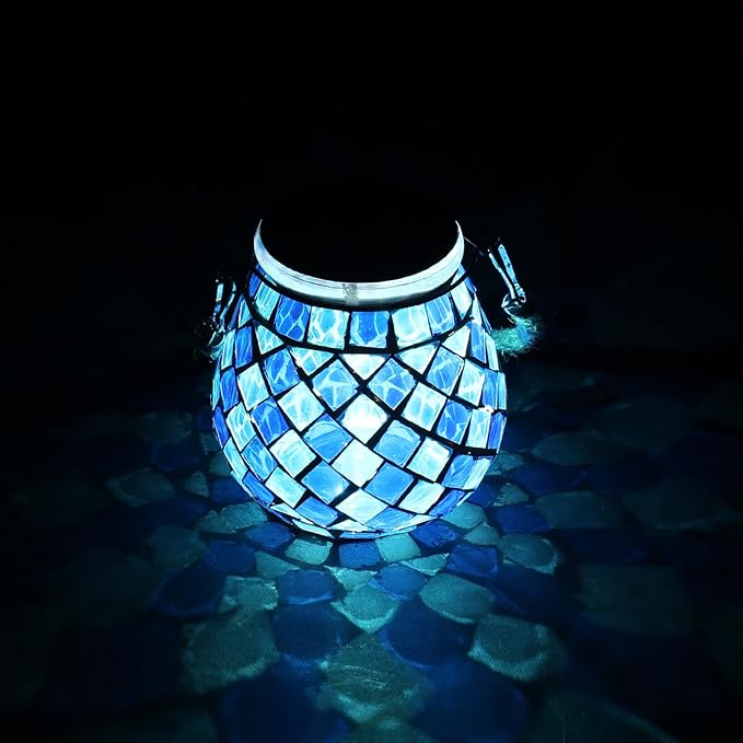 Mosaic Solar Lights Outdoor Lanterns, Decorative Mosaic Glass Solar Lamps Outdoor Waterproof, Hanging Lanterns Night Lights for Garden, Patio, Pathway & Yard Decor (Blue)