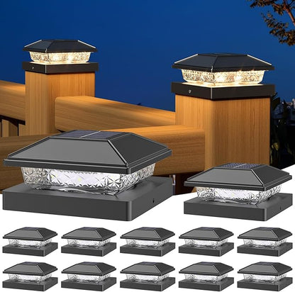 NIORSUN Solar Post Lights Outdoor, Fence Post Solar Lights Warm White, Waterproof, Garden Patio Fence Deck Decor, 4x4 Posts Cap Wood Vinyl, Black 12 Pack