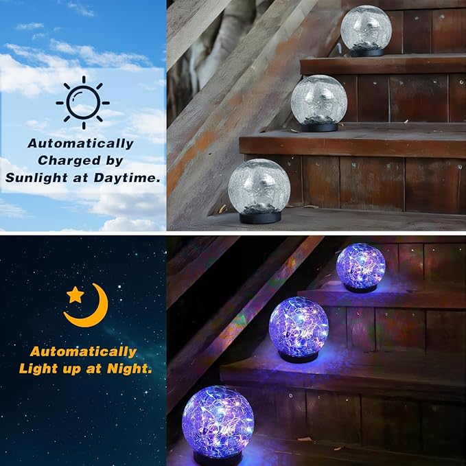Solar Garden Lights Outdoor Waterproof, 4 Pack 30 LEDs Cracked Glass Ball Light, Ground Landscape Garden Decor, Solar Globe Decorative for Pathway/Patio/Lawn/Yard (Multicolor, 3.9")