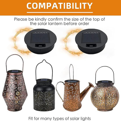 Solar-Replacement Top Lantern Waterproof String - 2 Packs Round Panels Copper Wire Accessories for Garden Watering Can Lights Outdoor Handling Lantern DIY Patio Housewarming Decorations (Warm/Warm)