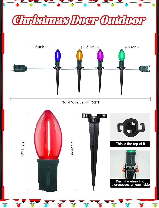 C9 Christmas Pathway Lights Outdoor, 38 Ft 25 LED Multicolor C9 Christmas Lights, Connectable Outdoor Waterproof Walkway Markers Light for Driveway Yard Garden Lawn Xmas Decorations