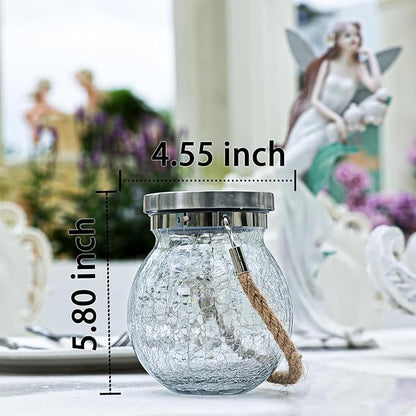 Cooo Christmas Gifts 4 Pack Solar Lanterns Waterproof Outdoor Heavy Crackle Glass 30 LED Warm Firefly Lights Stainless Steel Lid 215% Solar for Women Mom Grandma Outdoor Table Lamps Garden Yard Decor