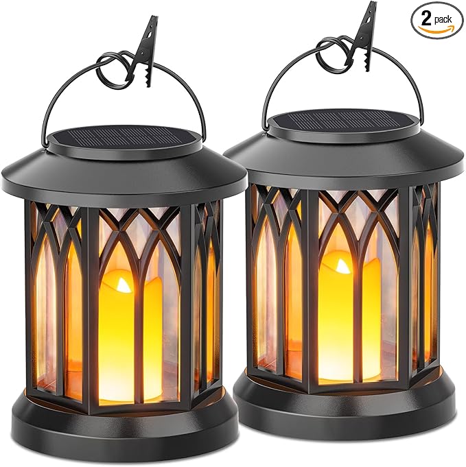 KOOPER 2 Pack Solar Lantern Outdoor Lights, Hanging Solar Lanterns Outdoor Waterproof, Lanterns Decorative Outdoor LED Flickering Flameless Candle Mission Lights for Yard Table Garden (Black)
