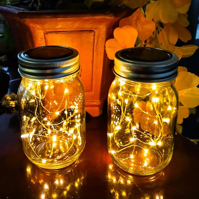 Solar Mason Jar Lid Lights, 10 Pack 30LED String Fairy Star Firefly Jar Lids Lights,10 Hangers Included(Jars Not Included), Best for Mason Jar Decor,Patio Garden Decor Solar Laterns Table Lights