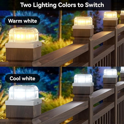 Solar Post Light 8 Packs with 4x4, 5x5 and 6x6 Inches Base for Vinyl/Wooden Posts, Bright 16 LEDs Solar Cap Lights with Two Light Modes for Decorating Deck, Patio, Porch, Fence (White)