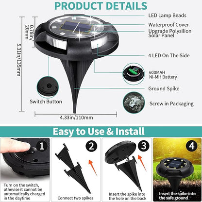 Solar Ground Lights, 8 Pack 12 LED Solar Disk Lights Outdoor Waterproof In-Ground Landscape Lighting for Garden Pathway Yard Lawn Patio Deck Driveway Walkway Outside Decor (Cold White)