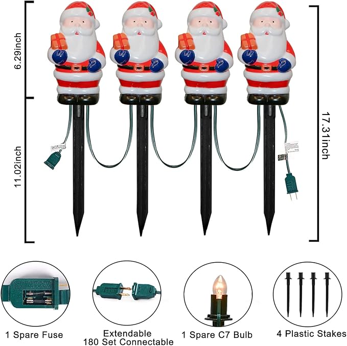 Christmas Decorations Outside, 7Ft Christmas Santa Pathway Stake Lights with 4 C7 Bulbs, Stake, Connectable Waterproof Driveway Markers Lights for Outside Path Garden Decor Holiday Yard Patio