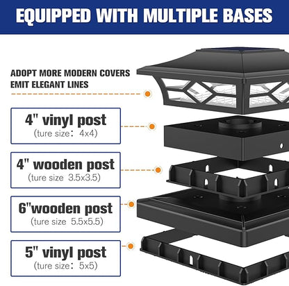 VOLISUN Solar Post Cap Lights: 4 - Pack Outdoor Deck Post Cap Lights Black for Dock Fence Waterproof 2 Color Modes,4x4/6x6 Wooden/Vinyl Posts