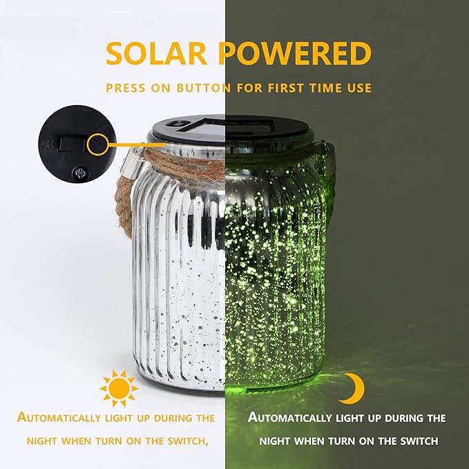 Hanging Solar Lantern Lights Outdoor 2 Pack,20 LED Solar Mercury Glass Mason Jar Hanging Lights Waterproof for Tree, Table, Yard, Garden, Patio, Holiday Party Outdoor Decor, Color Changing