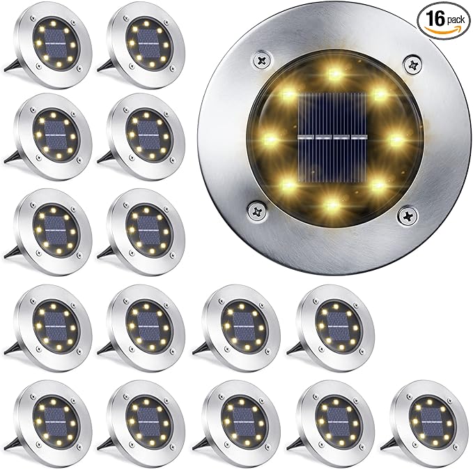 16-Pack Warm White Flat Solar Driveway Lights, Waterproof LED