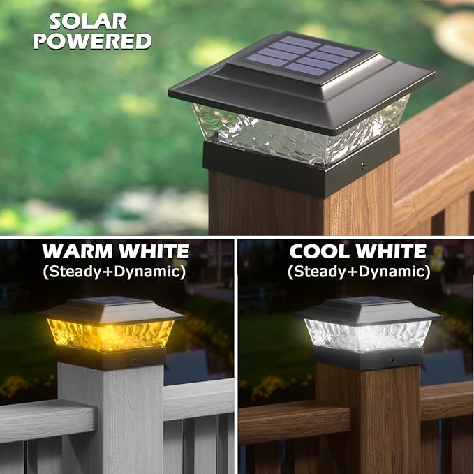 SIEDiNLAR Solar Post Lights Outdoor 12 LEDs 4 Modes Post Cap Light for 4x4 5x5 6x6 Wooden Vinyl Deck Fence Posts Garden Patio Decor, Warm/Cool White Dynamic Lighting (1 Pack, Black)