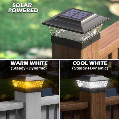 SIEDiNLAR Solar Post Lights Outdoor 12 LEDs 4 Modes Post Cap Light for 4x4 5x5 6x6 Wooden Vinyl Deck Fence Posts Patio Garden Decor, Warm/Cool White Dynamic Lighting (2 Pack, Black)