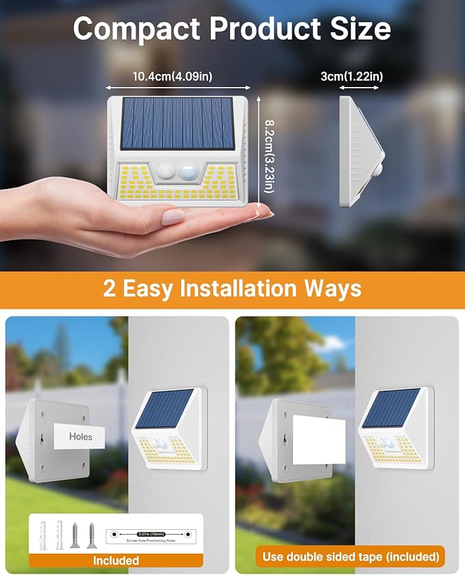 2 Pack Solar Motion Lights Outdoor, Waterproof Fence Lights Solar Powered with 3 Lighting Mode, Cold White LED Step Light for Outside Wall Yard Deck Stairs Garden - White
