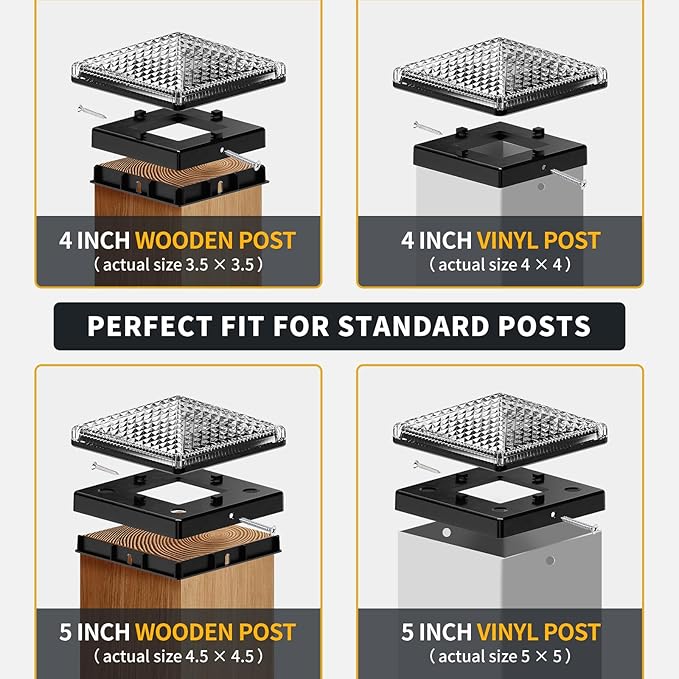 Glass Solar Post Cap Lights with Crystal Style - Decorative Deck Fence Lights for 4x4 5x5 Posts Hidden Solar Panel, Modular Design, 10Hr Runtime, IP65, Warm White, Black, 4 Pack