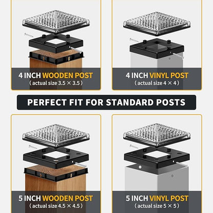 Glass Solar Post Cap Lights with Crystal Style - Decorative Deck Fence Lights for 4x4 5x5 Posts Hidden Solar Panel, Modular Design, 10Hr Runtime, IP65, Warm White, Black, 4 Pack