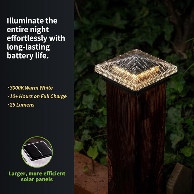 Glass Solar Post Cap Lights with Timber Style - Decorative Deck Fence Lights for 4x4 5x5 Posts Hidden Solar Panel, Modular Design, 10Hr Runtime, IP65, Warm White, Black, 8 Pack
