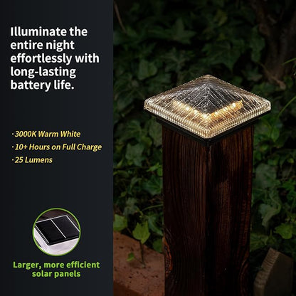 Glass Solar Post Cap Lights with Timber Style - Decorative Deck Fence Lights for 4x4 5x5 Posts Hidden Solar Panel, Modular Design, 10Hr Runtime, IP65, Warm White, Black, 8 Pack