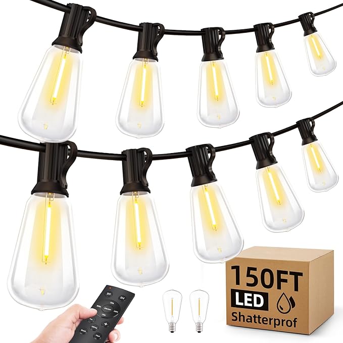 Outdoor String Lights, 150ft Waterproof ST38 Shatterproof Bulb Patio Lights, Remote Control, Backyard & Gazebo Hanging Lights