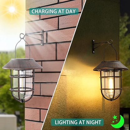 Upgrade Hanging Solar Outdoor Lights With Wall Mount Kit - Waterproof Lanterns for Garden, Patio, Porch, Fence Decor - 2 Pack, Bronze