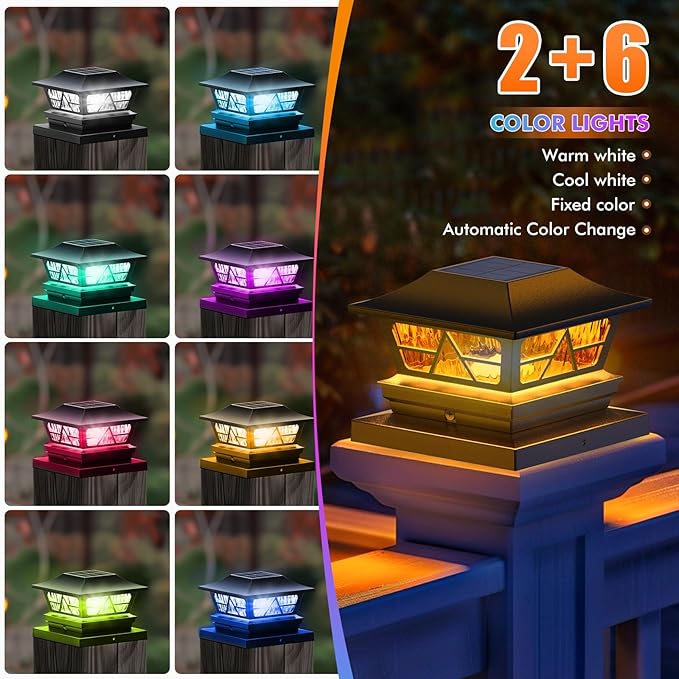 Viewsun Solar Post Lights Outdoor Waterproof RGB Color Changing Modes Fence Post Cap Lights, Deck Post Lights Solar Powered for 4x4 5x5 6x6 Wooden or Vinyl Yard Garden Patio Decor, Black(8 Pack)